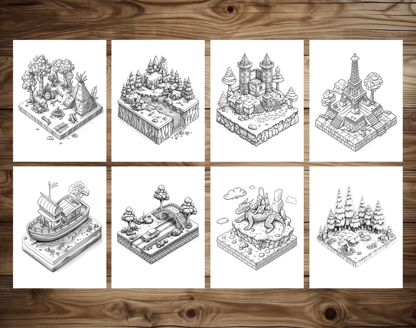 70 Diverse 3D Object Grayscale Coloring Pages - Instant Download - Printable Dark/Light