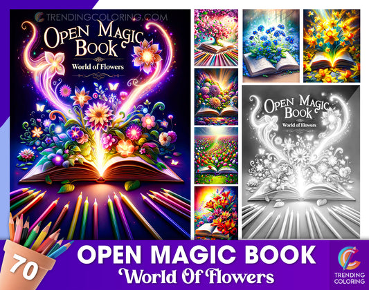 70 Open Magic Book - World of Flowers Grayscale Coloring Pages - Instant Download - Printable PDF Dark/Light
