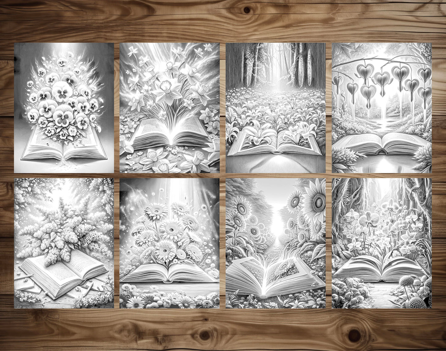 70 Open Magic Book - World of Flowers Grayscale Coloring Pages - Instant Download - Printable PDF Dark/Light