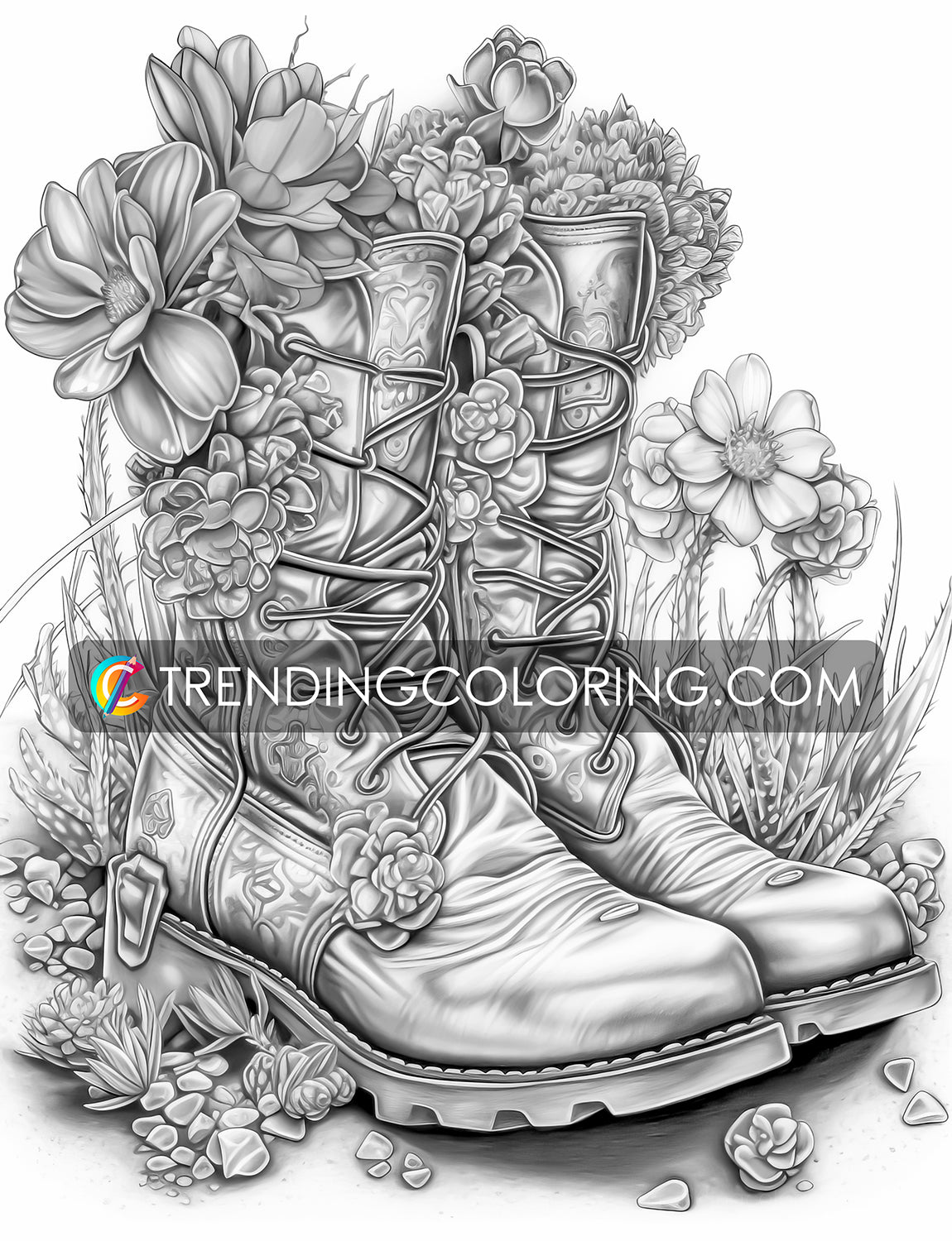 25 Blooming Boots Grayscale Coloring Pages - Instant Download - Printable PDF