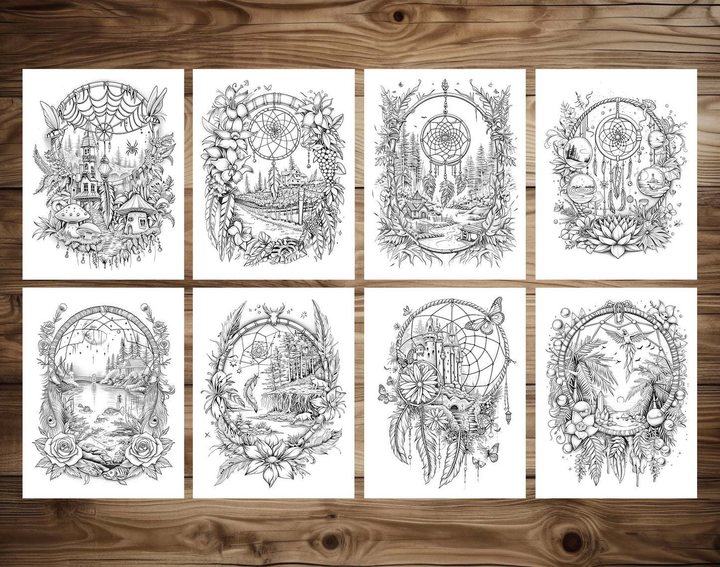 80 Magical Dreamcatchers Grayscale Coloring Pages - Instant Download - Printable PDF Dark/Light – preview 4