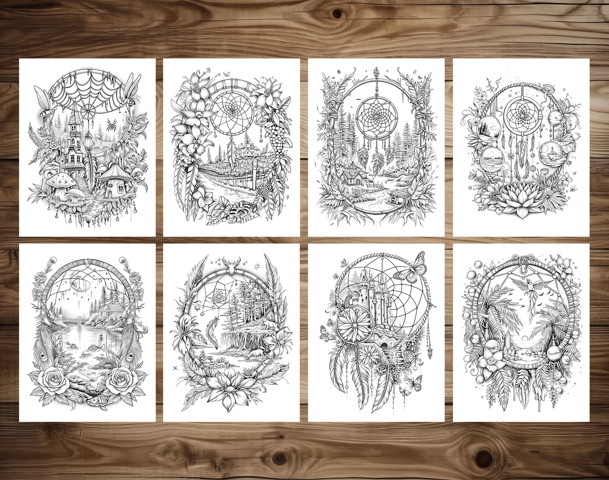 80 Magical Dreamcatchers Grayscale Coloring Pages - Instant Download - Printable PDF Dark/Light – preview 4