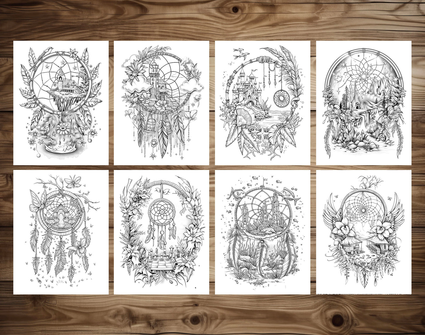 80 Magical Dreamcatchers Grayscale Coloring Pages - Instant Download - Printable PDF Dark/Light – preview 5