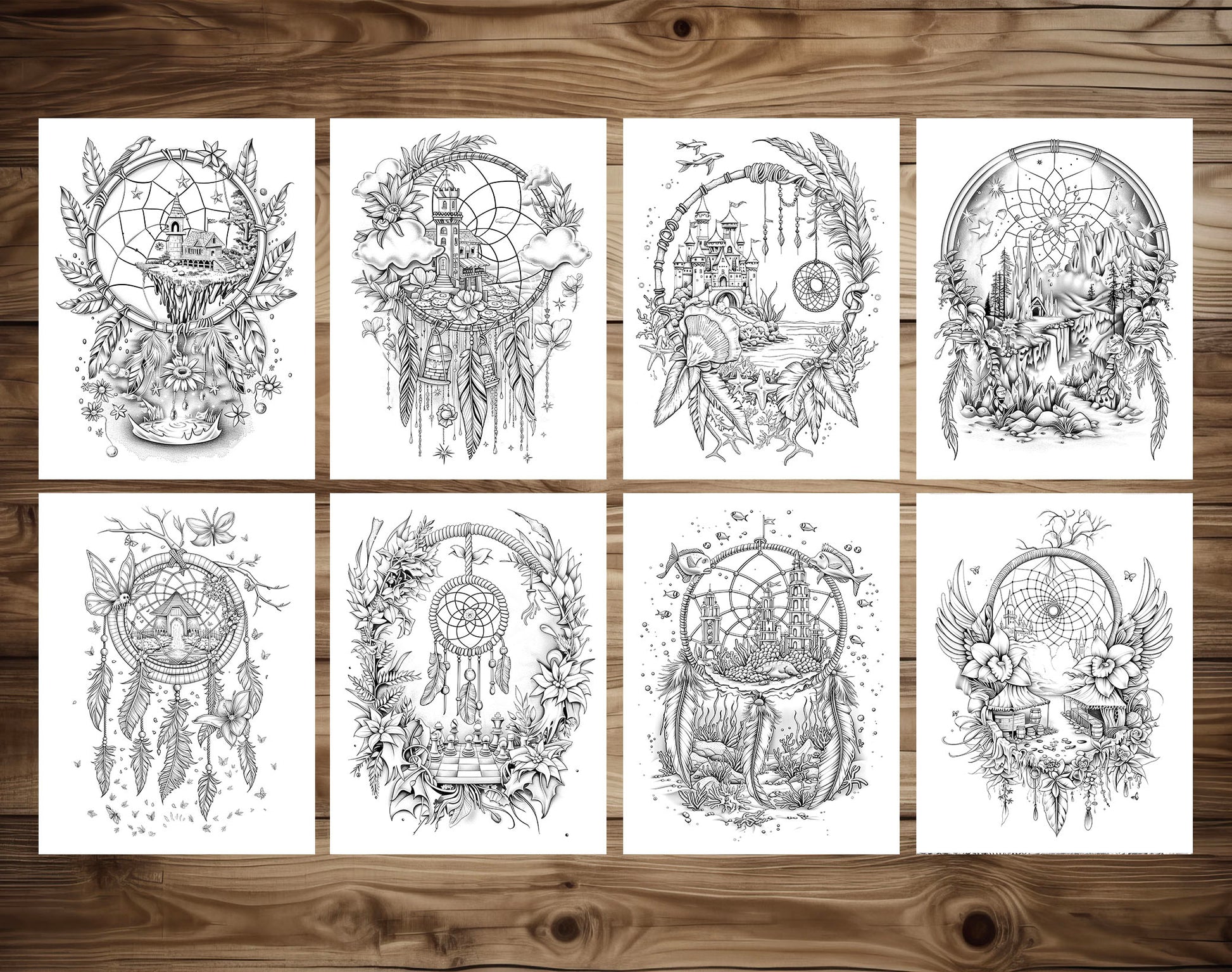 80 Magical Dreamcatchers Grayscale Coloring Pages - Instant Download - Printable PDF Dark/Light – preview 5