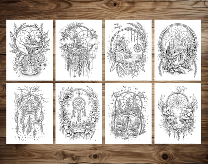 80 Magical Dreamcatchers Grayscale Coloring Pages - Instant Download - Printable PDF Dark/Light – preview 5