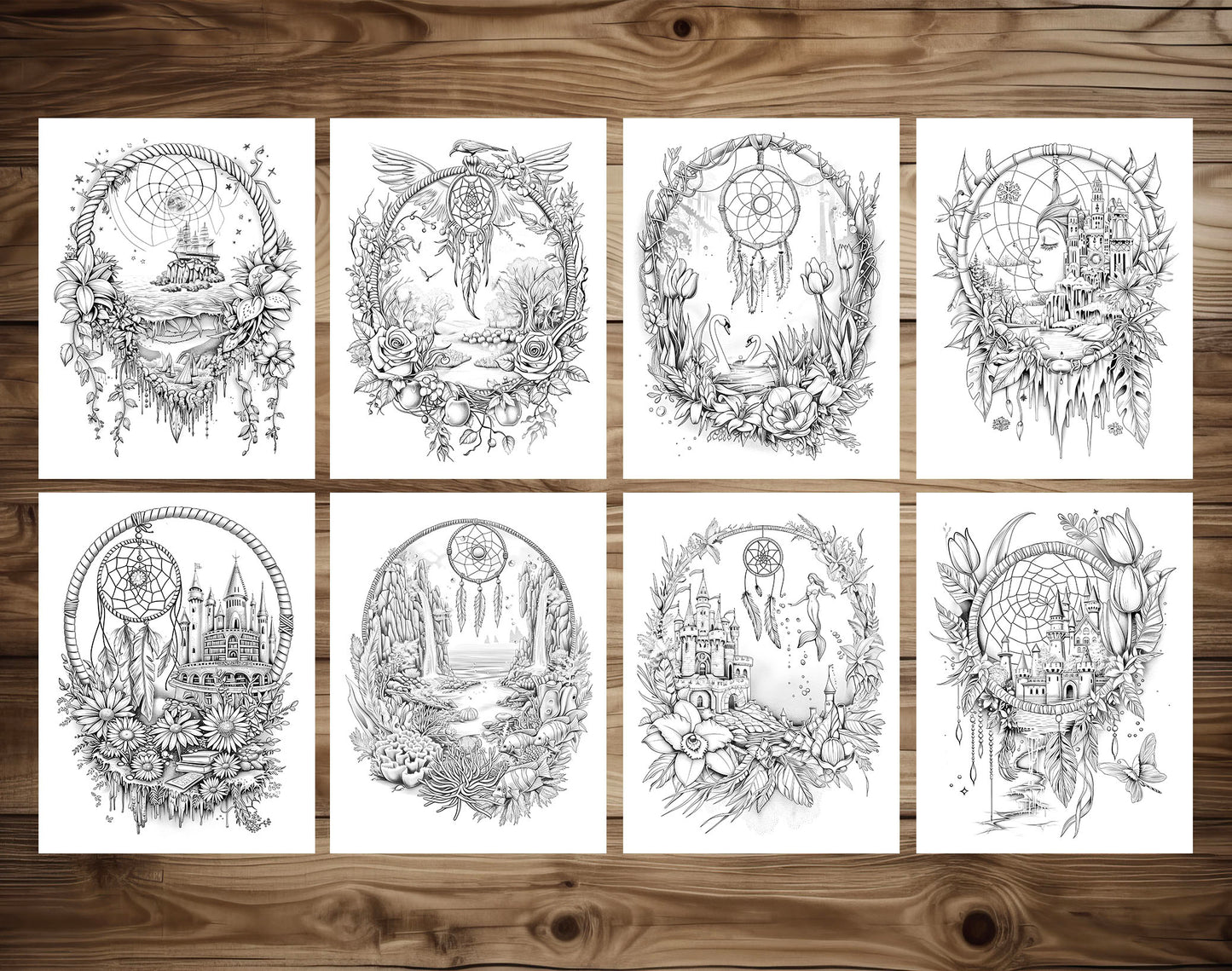 80 Magical Dreamcatchers Grayscale Coloring Pages - Instant Download - Printable PDF Dark/Light – preview 6