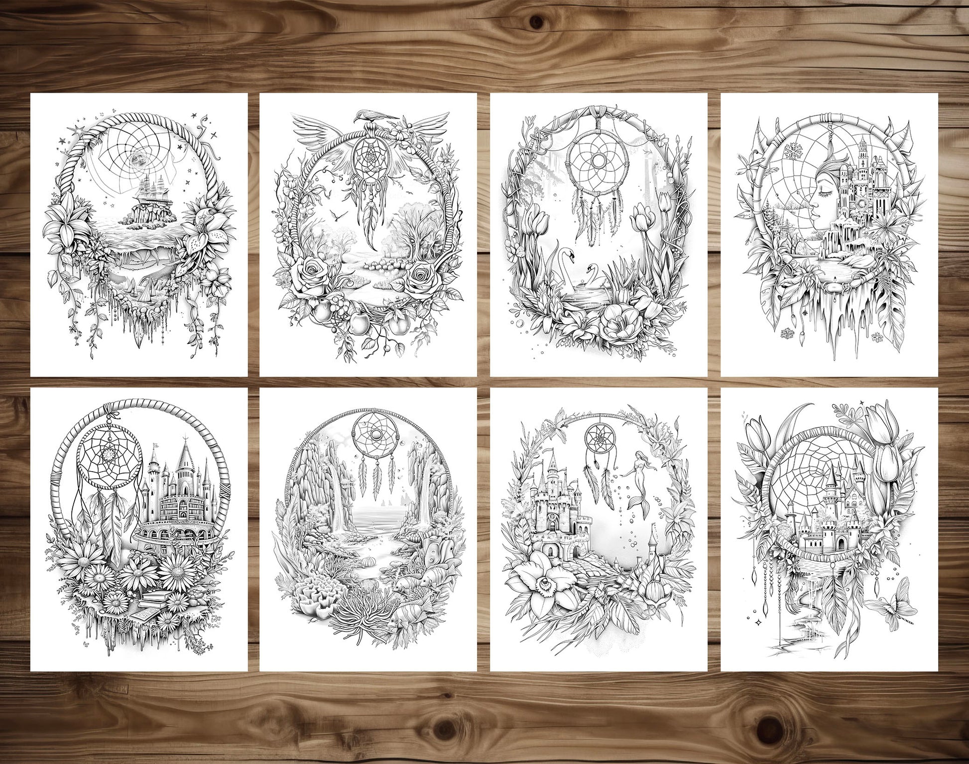 80 Magical Dreamcatchers Grayscale Coloring Pages - Instant Download - Printable PDF Dark/Light – preview 6