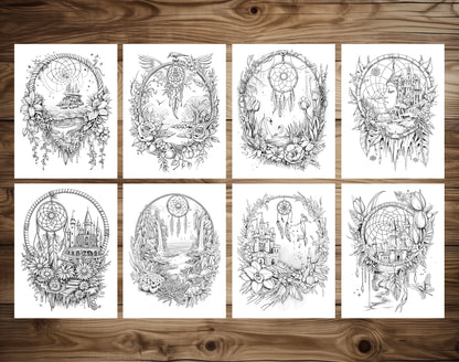 80 Magical Dreamcatchers Grayscale Coloring Pages - Instant Download - Printable PDF Dark/Light – preview 6