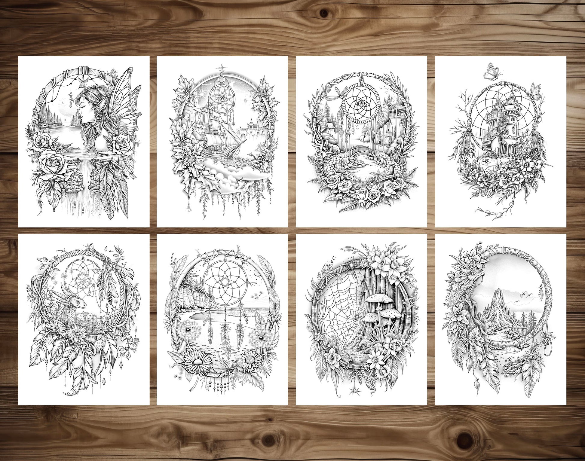 80 Magical Dreamcatchers Grayscale Coloring Pages - Instant Download - Printable PDF Dark/Light – preview 7