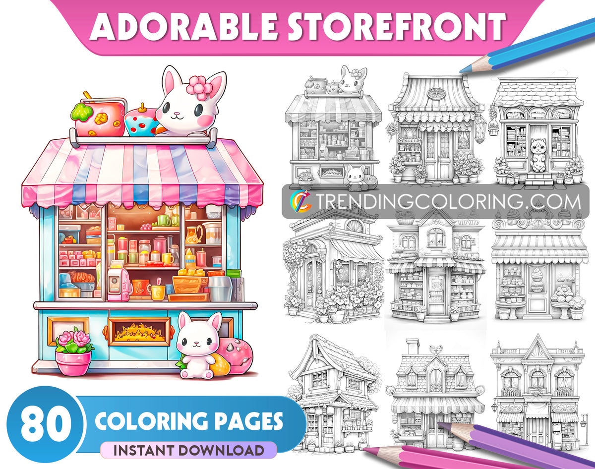 80 Adorable Storefront Grayscale Coloring Pages for Adults and Kids - Instant Download - Printable PDF