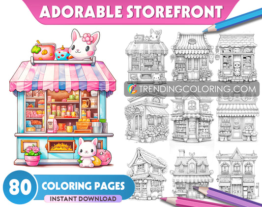 80 Adorable Storefront Grayscale Coloring Pages for Adults and Kids - Instant Download - Printable PDF