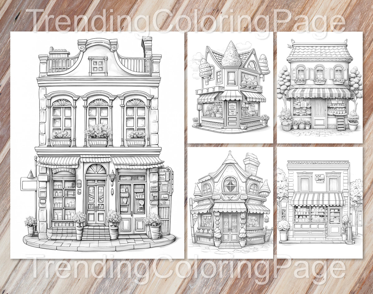 80 Adorable Storefront Grayscale Coloring Pages for Adults and Kids - Instant Download - Printable PDF – preview 10