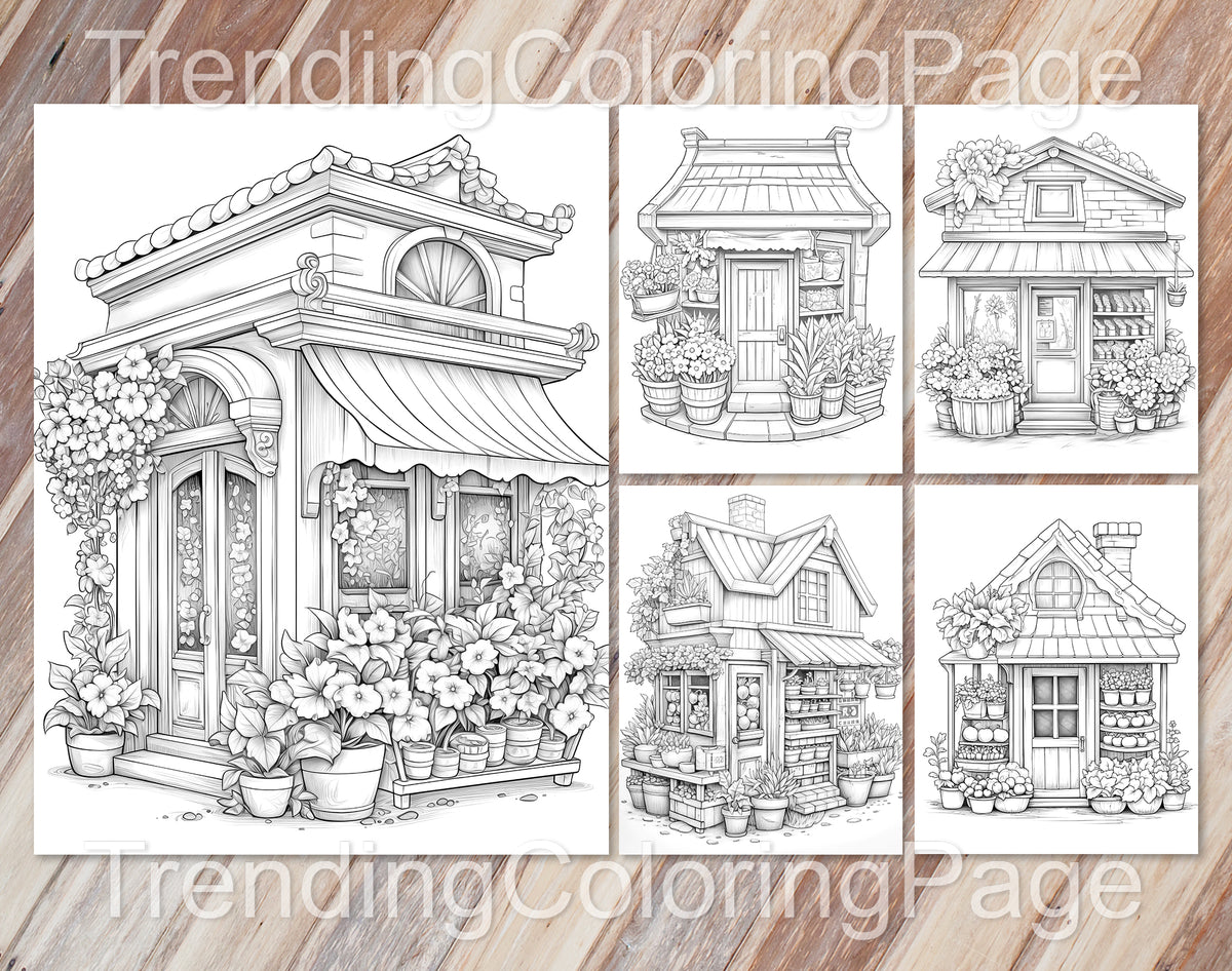 80 Adorable Storefront Grayscale Coloring Pages for Adults and Kids - Instant Download - Printable PDF – preview 4