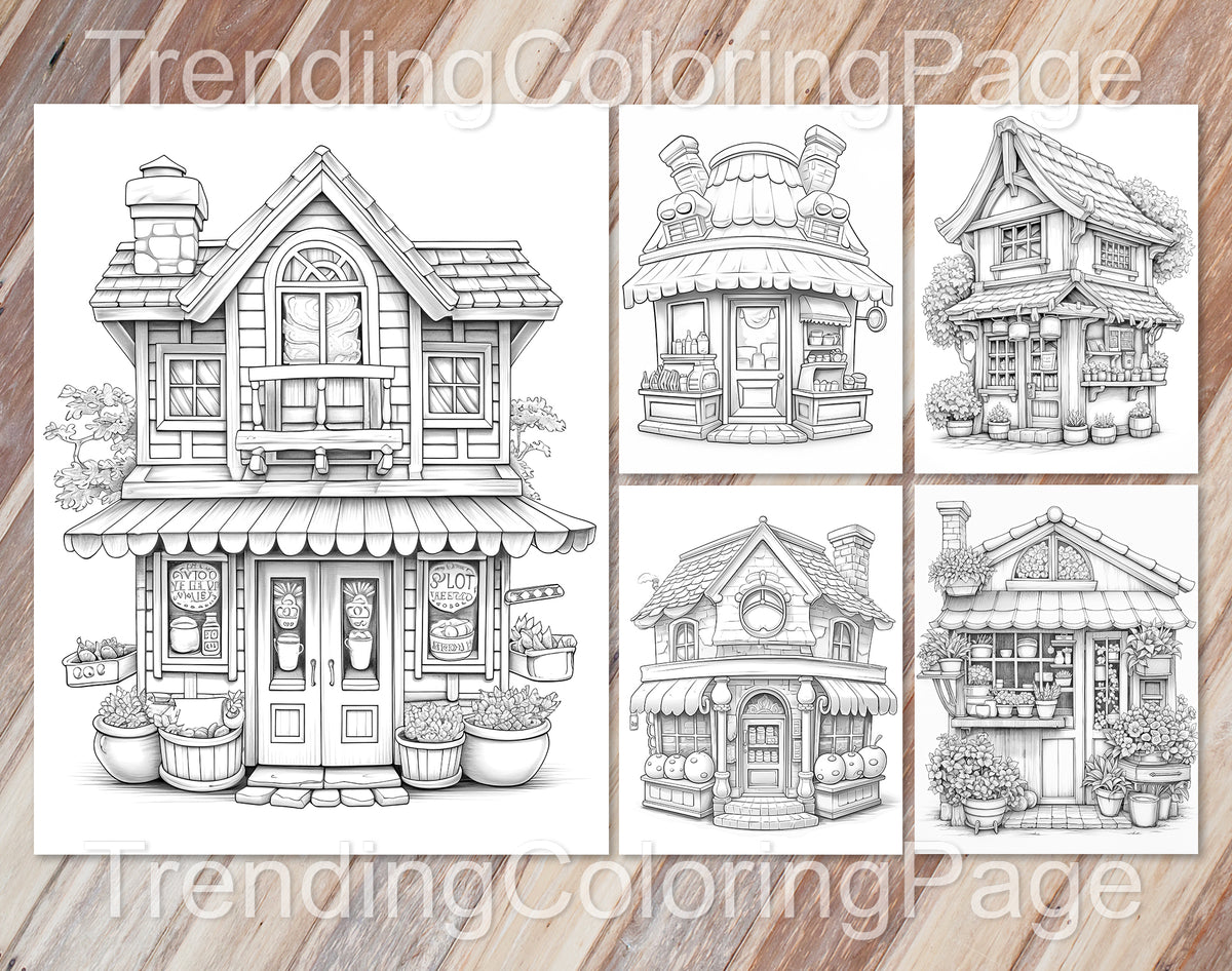 80 Adorable Storefront Grayscale Coloring Pages for Adults and Kids - Instant Download - Printable PDF – preview 5