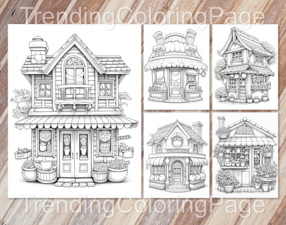80 Adorable Storefront Grayscale Coloring Pages for Adults and Kids - Instant Download - Printable PDF – preview 5