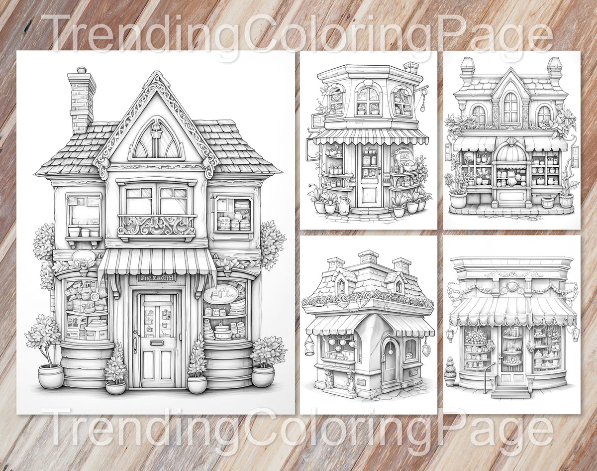 80 Adorable Storefront Grayscale Coloring Pages for Adults and Kids - Instant Download - Printable PDF – preview 6
