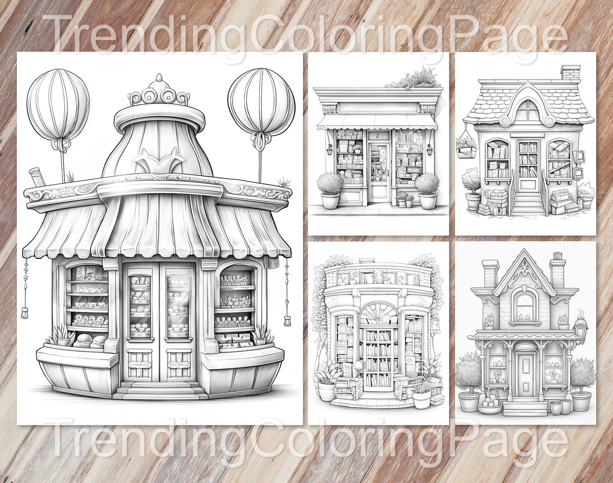 80 Adorable Storefront Grayscale Coloring Pages for Adults and Kids - Instant Download - Printable PDF – preview 7