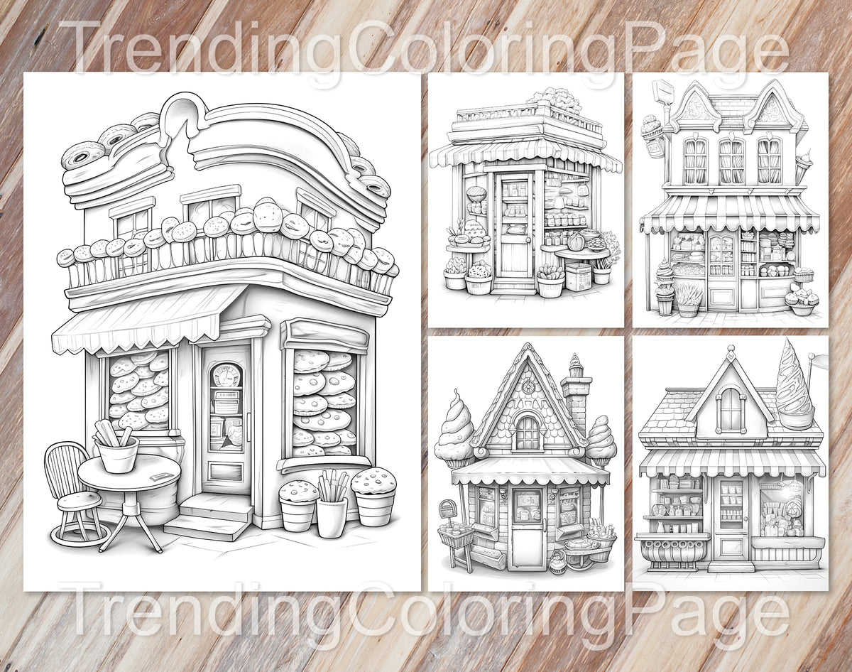80 Adorable Storefront Grayscale Coloring Pages for Adults and Kids - Instant Download - Printable PDF – preview 9