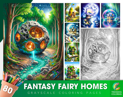 80 Fantasy Fairy Homes Grayscale Coloring Pages - Instant Download - Printable PDF Dark/Light