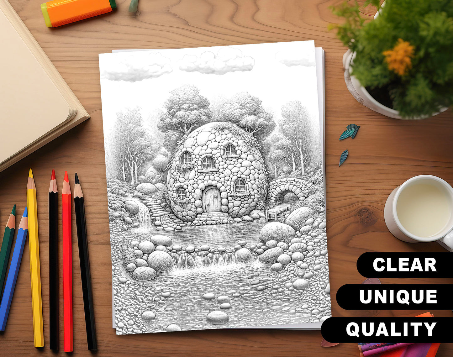 80 Fantasy Fairy Homes Grayscale Coloring Pages - Instant Download - Printable PDF Dark/Light – preview 3