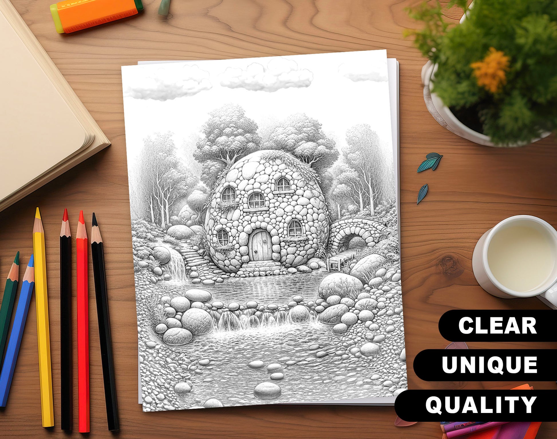 80 Fantasy Fairy Homes Grayscale Coloring Pages - Instant Download - Printable PDF Dark/Light – preview 3