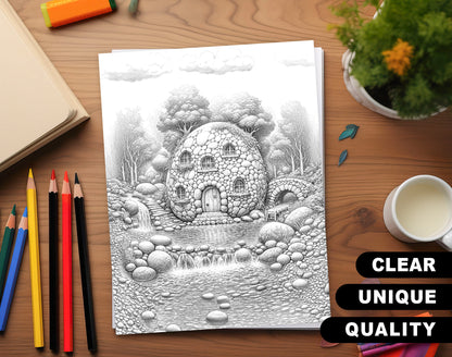 80 Fantasy Fairy Homes Grayscale Coloring Pages - Instant Download - Printable PDF Dark/Light – preview 3