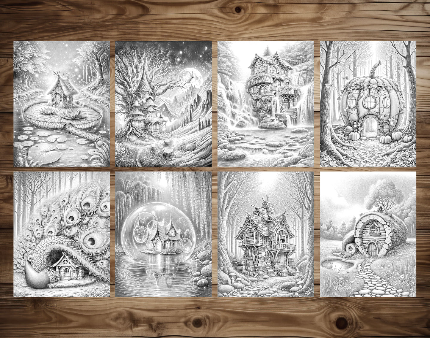 80 Fantasy Fairy Homes Grayscale Coloring Pages - Instant Download - Printable PDF Dark/Light – preview 5