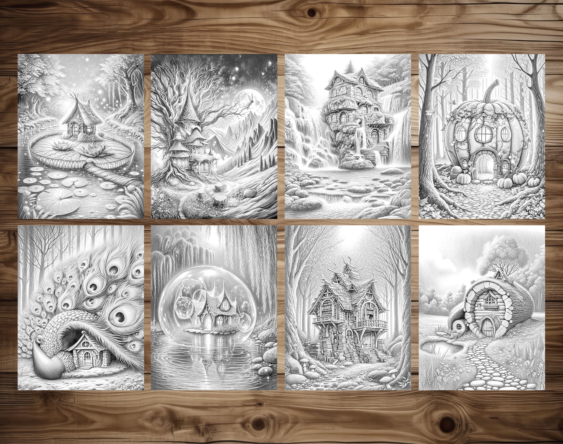 80 Fantasy Fairy Homes Grayscale Coloring Pages - Instant Download - Printable PDF Dark/Light – preview 5