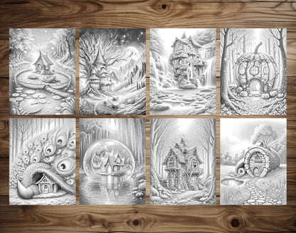 80 Fantasy Fairy Homes Grayscale Coloring Pages - Instant Download - Printable PDF Dark/Light – preview 5