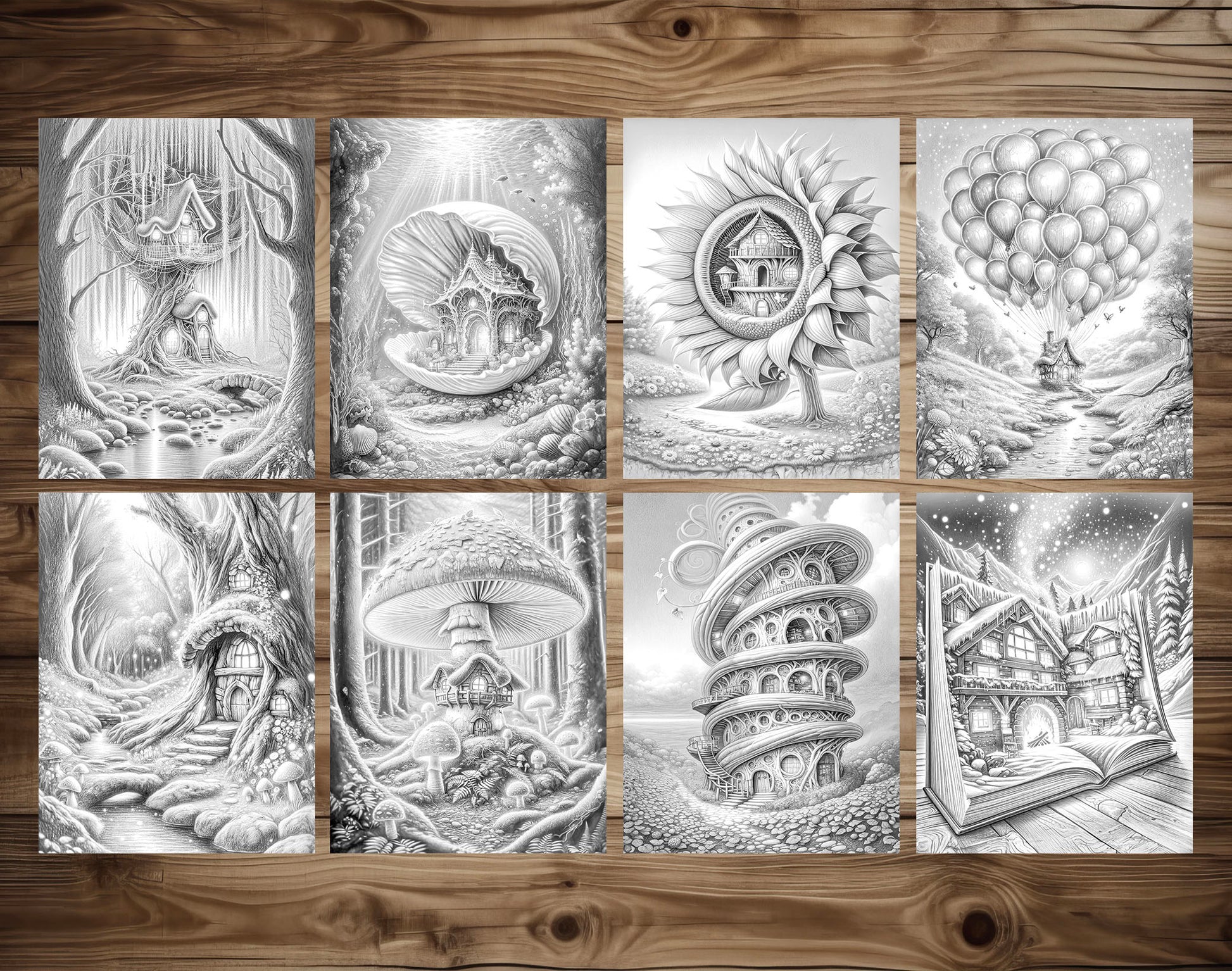80 Fantasy Fairy Homes Grayscale Coloring Pages - Instant Download - Printable PDF Dark/Light – preview 6