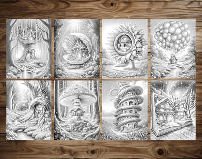80 Fantasy Fairy Homes Grayscale Coloring Pages - Instant Download - Printable PDF Dark/Light – preview 6