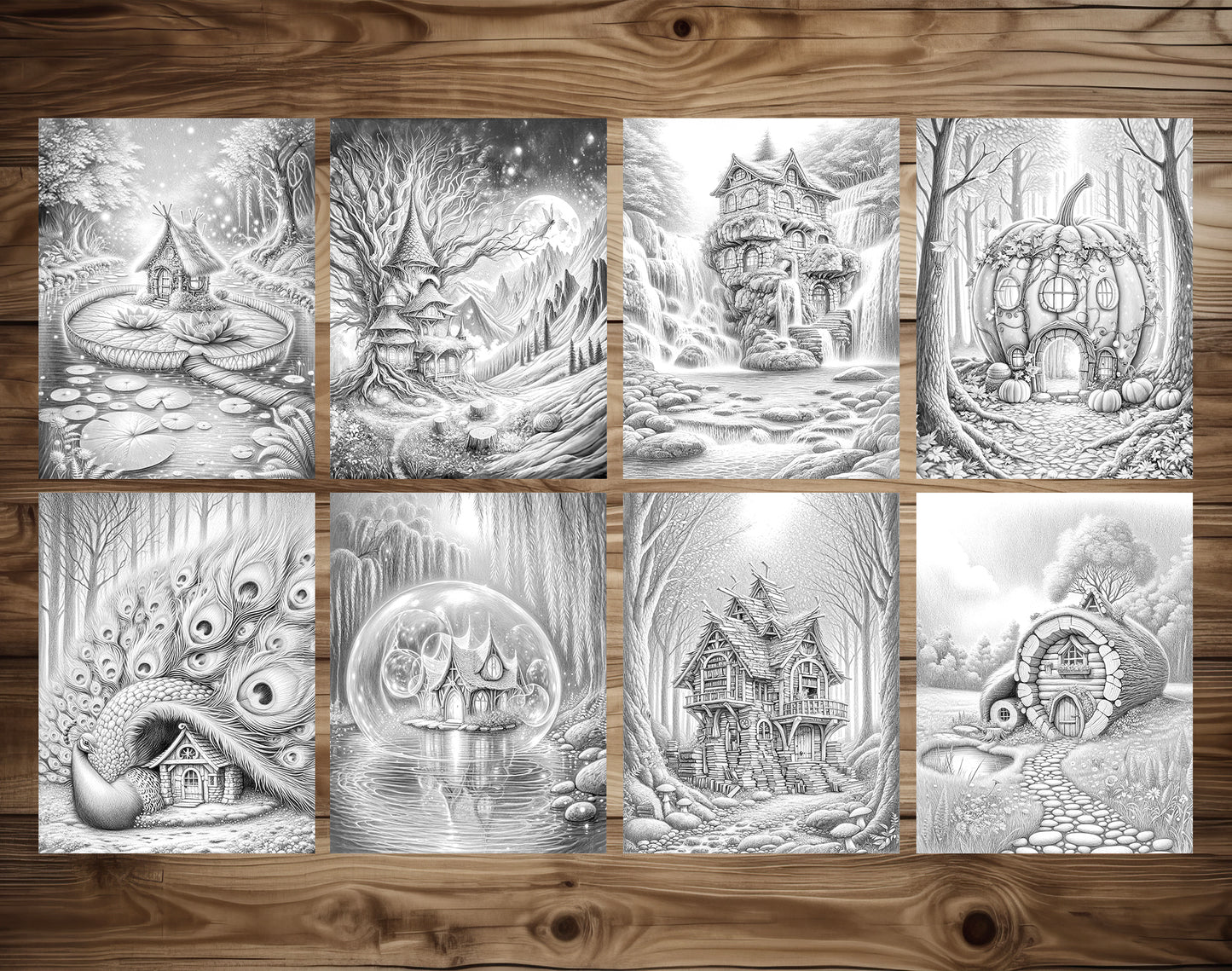 80 Fantasy Fairy Homes Grayscale Coloring Pages - Instant Download - Printable PDF Dark/Light