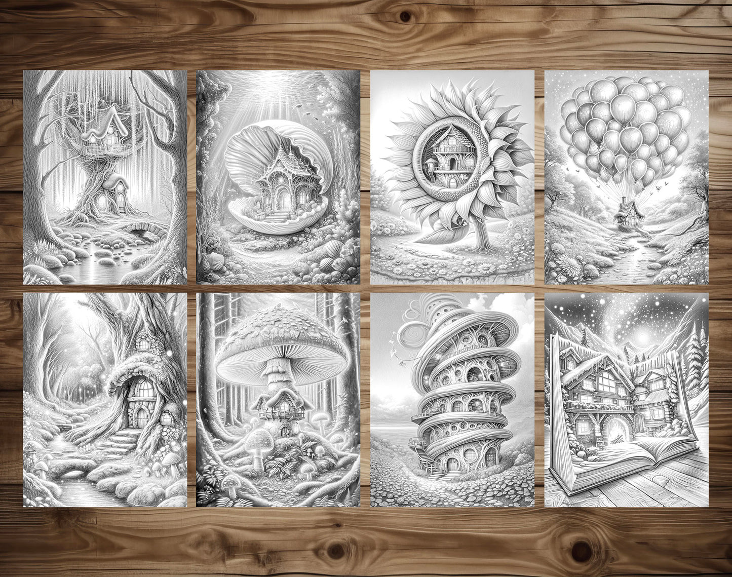 80 Fantasy Fairy Homes Grayscale Coloring Pages - Instant Download - Printable PDF Dark/Light