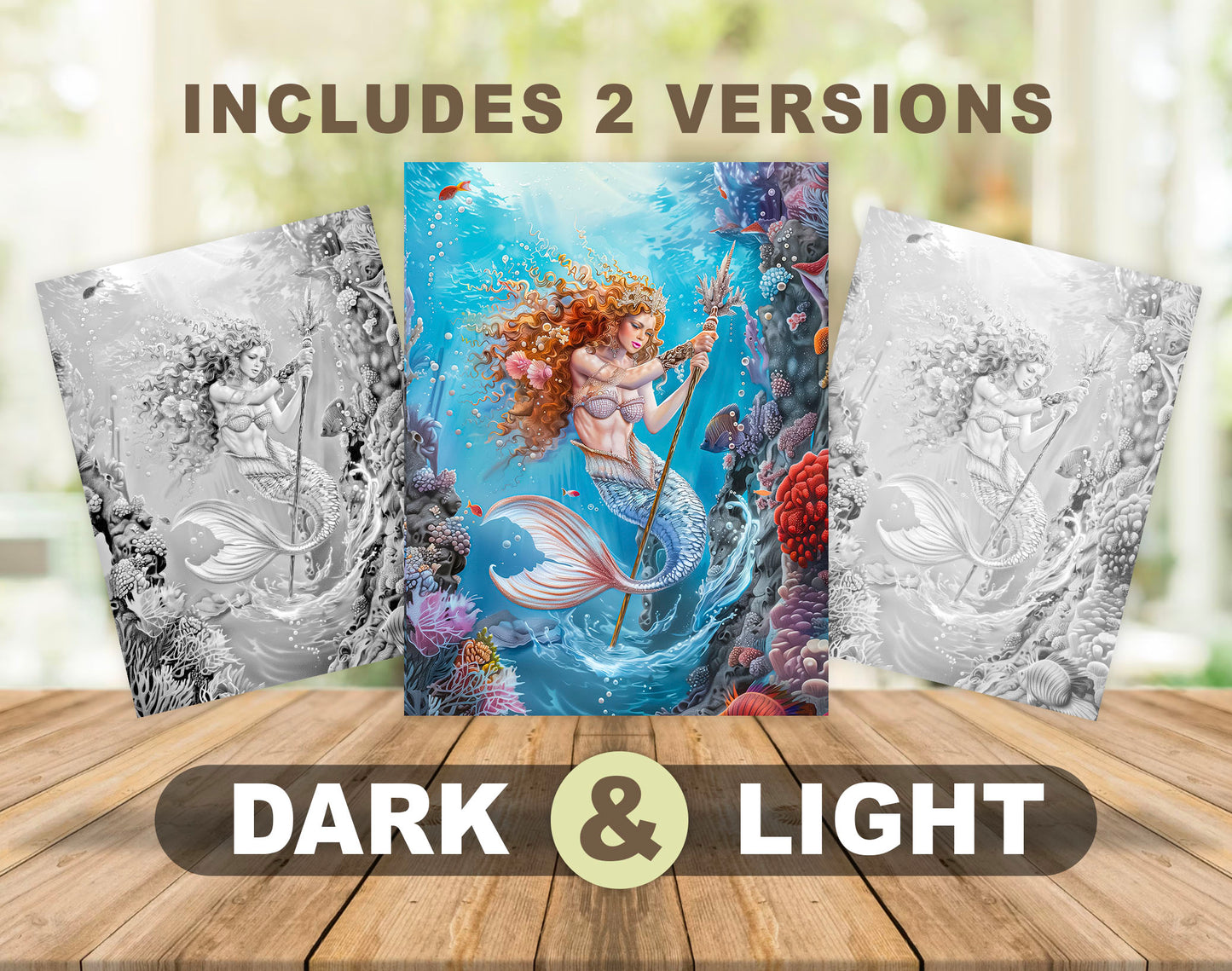 85 Magical Mermaids Grayscale Coloring Pages - Instant Download - Printable PDF Dark/Light – preview 3