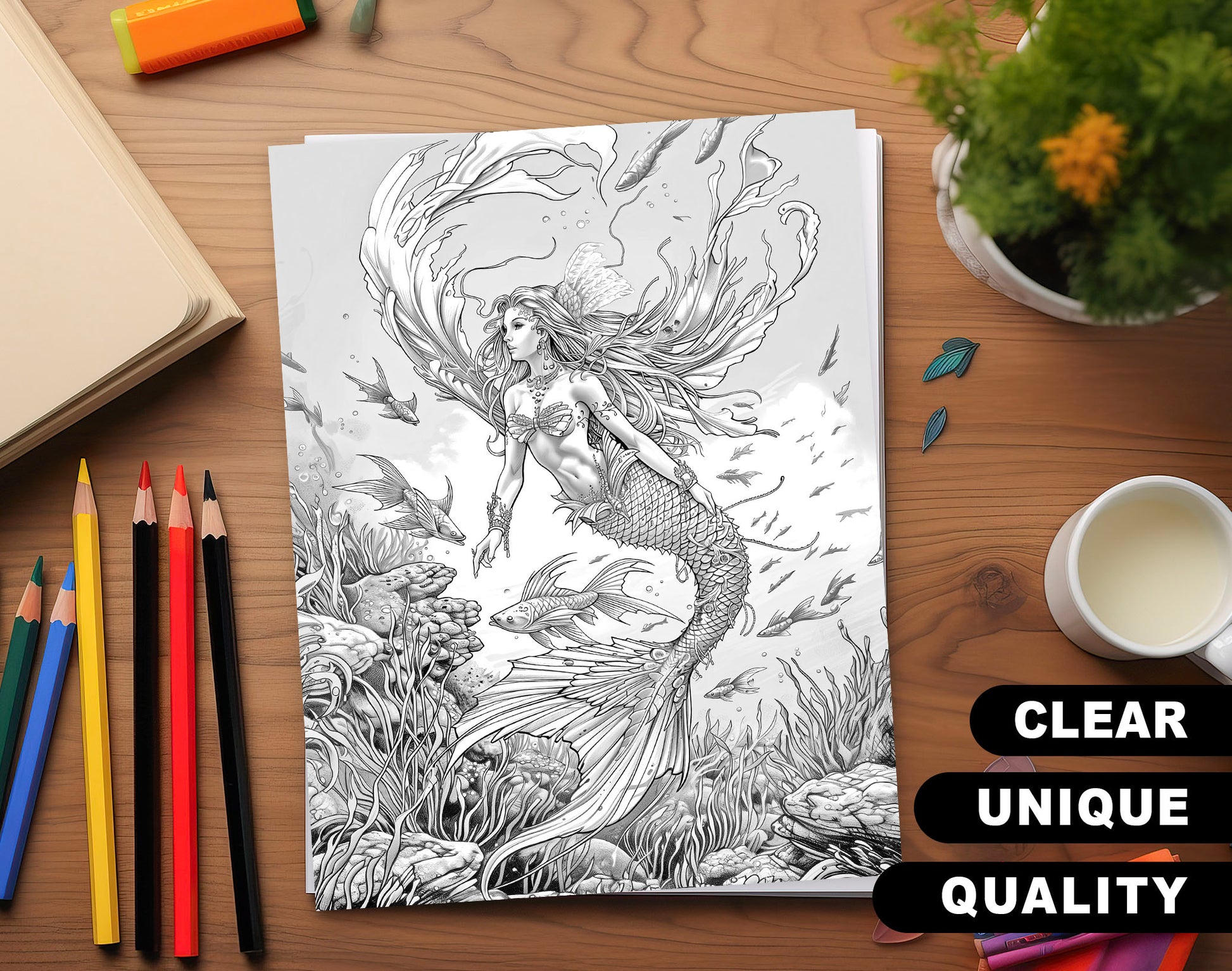 85 Magical Mermaids Grayscale Coloring Pages - Instant Download - Printable PDF Dark/Light – preview 4