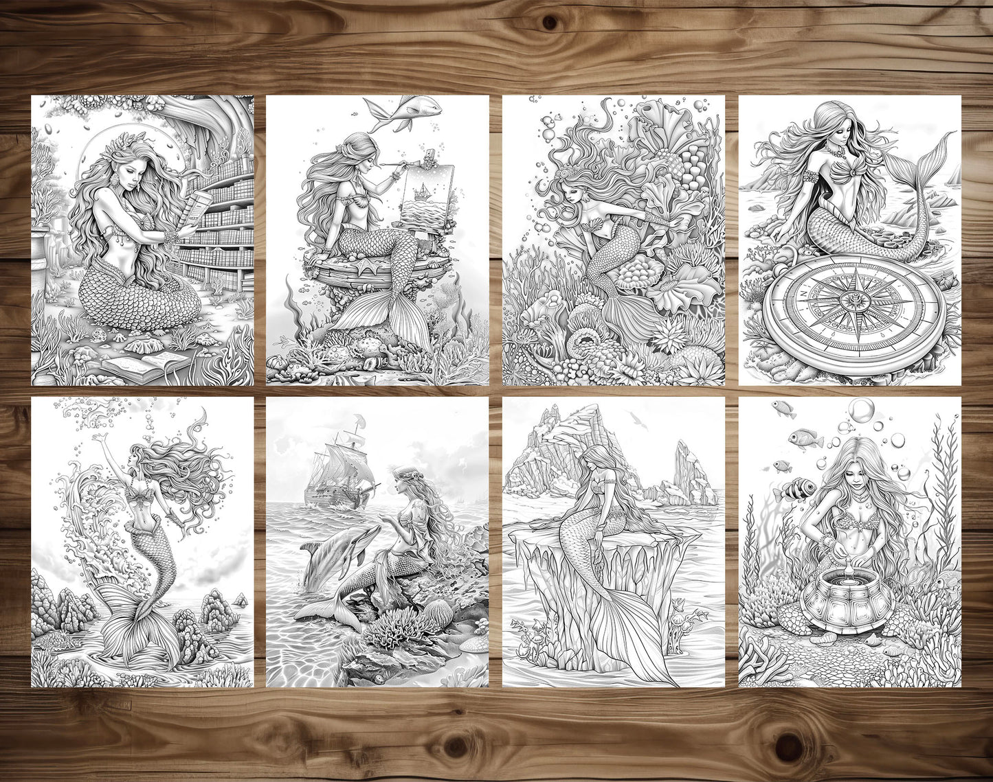 85 Magical Mermaids Grayscale Coloring Pages - Instant Download - Printable PDF Dark/Light – preview 7