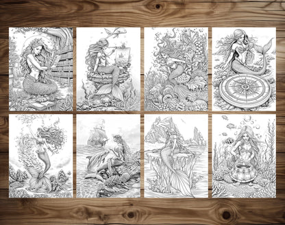 85 Magical Mermaids Grayscale Coloring Pages - Instant Download - Printable PDF Dark/Light – preview 7
