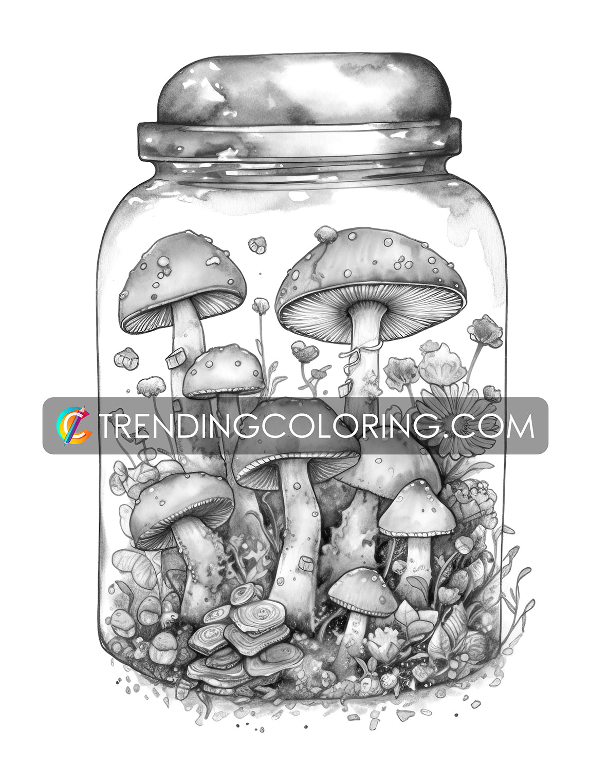 25 Mushroom Forest In Jar Grayscale Coloring Pages - Instant Download - Printable PDF Dark/Light