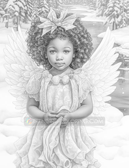 50 African Angels In Winterland Grayscale Coloring Pages - Instant Download - Printable PDF Dark/Light