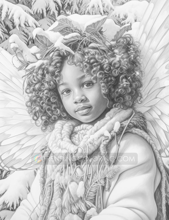 50 African Angels In Winterland Grayscale Coloring Pages - Instant Dow