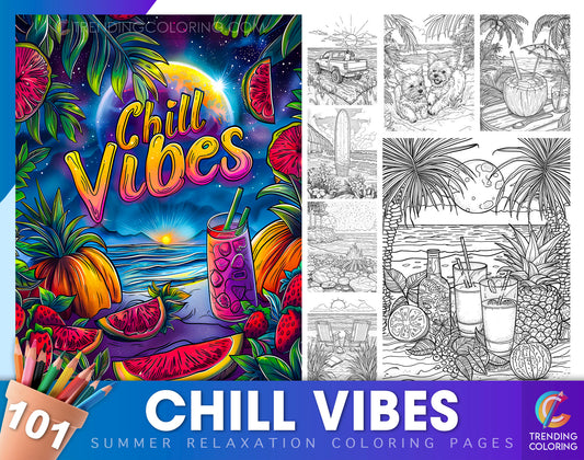 101 Chill Vibes Summer Relaxation Coloring Pages  - Instant Download - Printable PDF