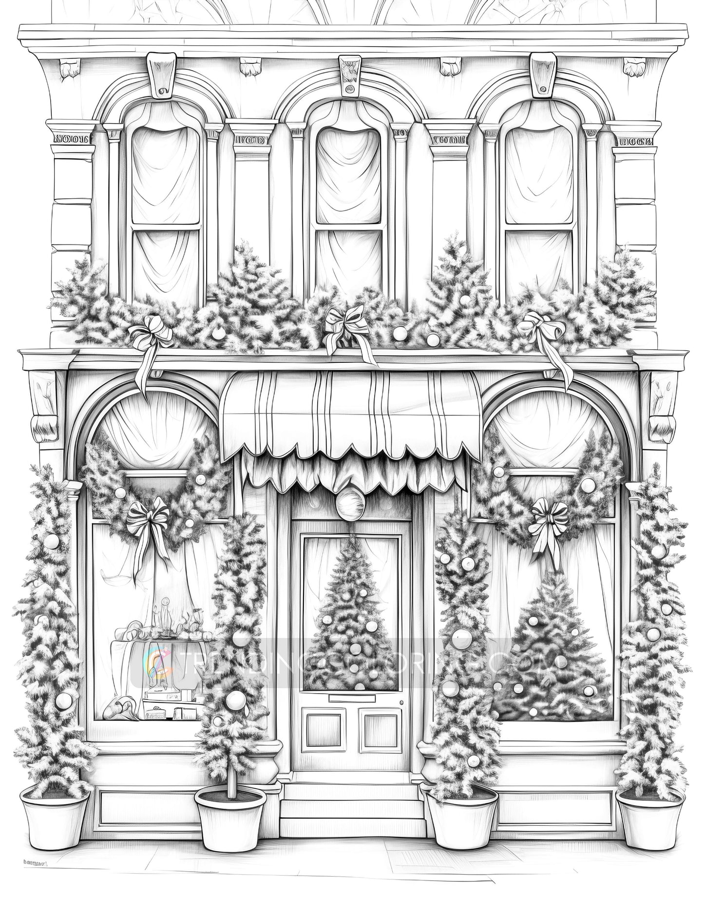 50 Christmas Storefront Grayscale Coloring Pages - Instant Download - Printable PDF Dark/Light