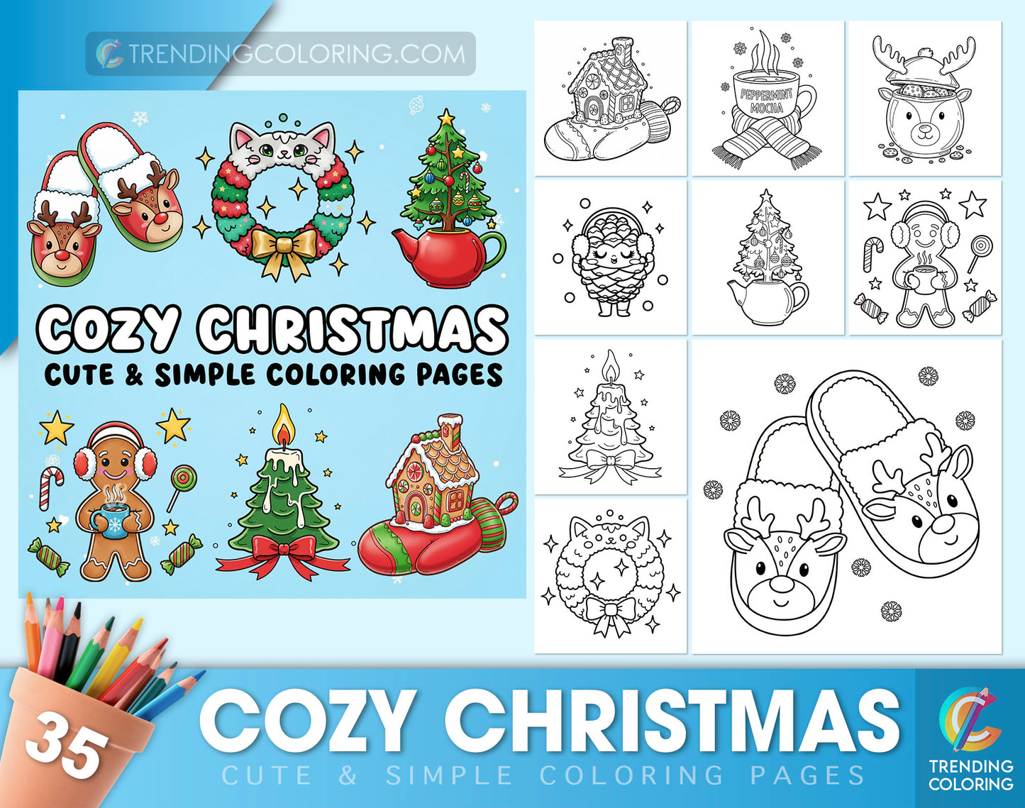 35 Cozy Christmas Cute and Simple Coloring Pages - PDF Download