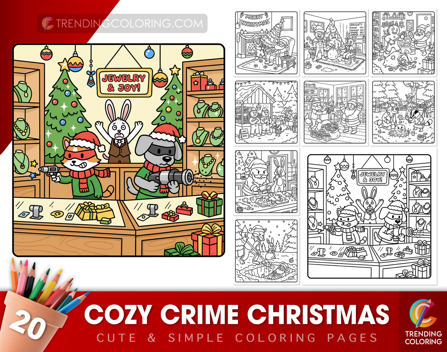 20 Cozy Christmas Crime Scenes Cute and Simple Coloring Pages - PDF Download