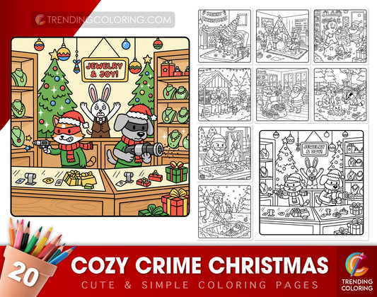 20 Cozy Christmas Crime Scenes Cute and Simple Coloring Pages - PDF Download