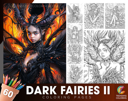 60 Dark Fairies 2 Coloring Pages  - Instant Download - Printable PDF