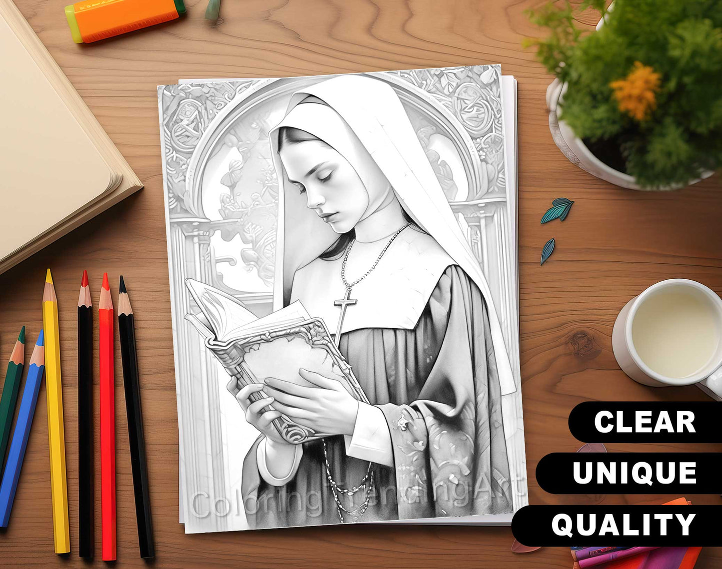 25 Gothic Nuns Grayscale Coloring Pages - Halloween Coloring - Instant Download - Printable PDF Dark/Light