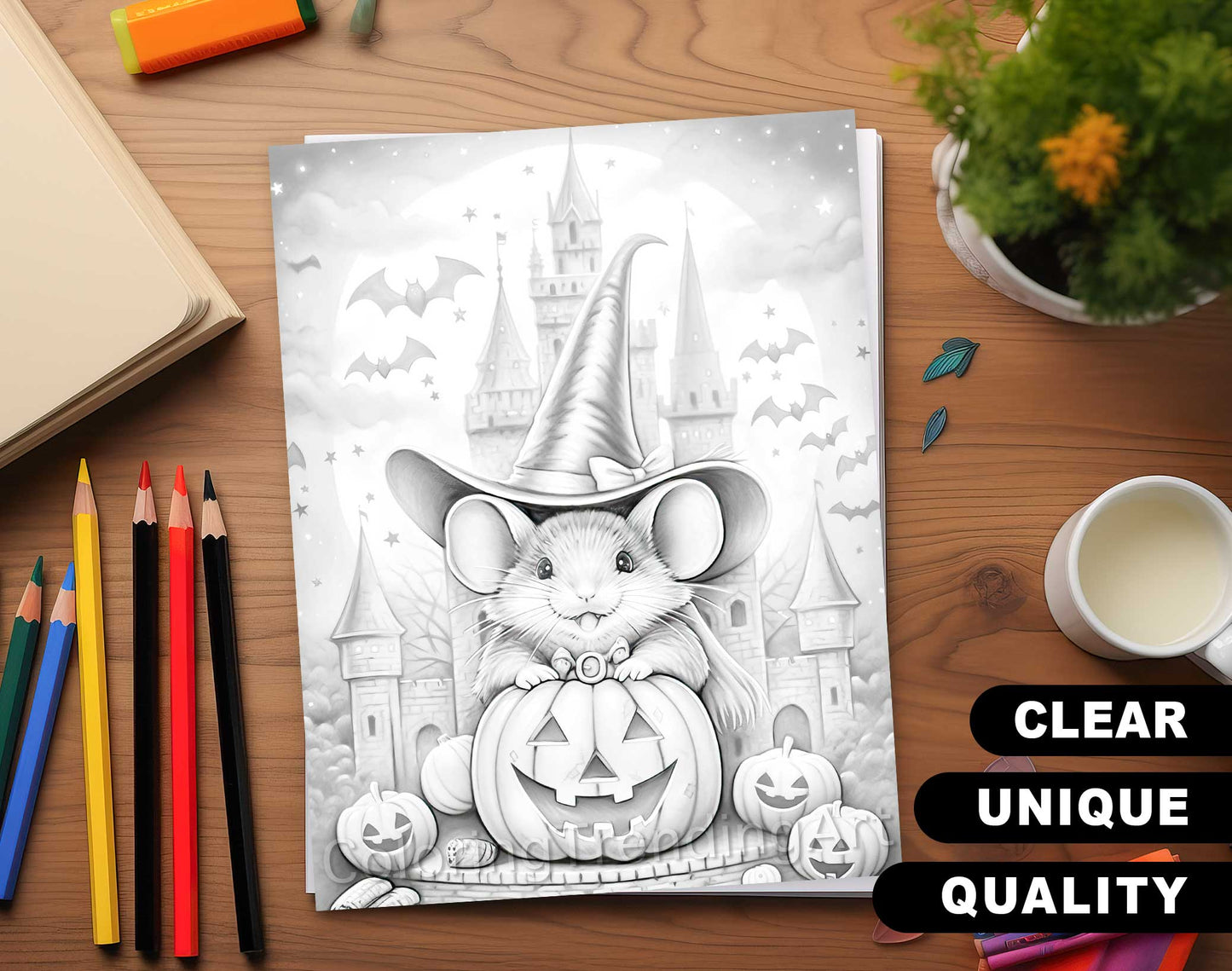 50 Halloween Mice Grayscale Coloring Pages - Instant Download - Printable PDF Dark/Light