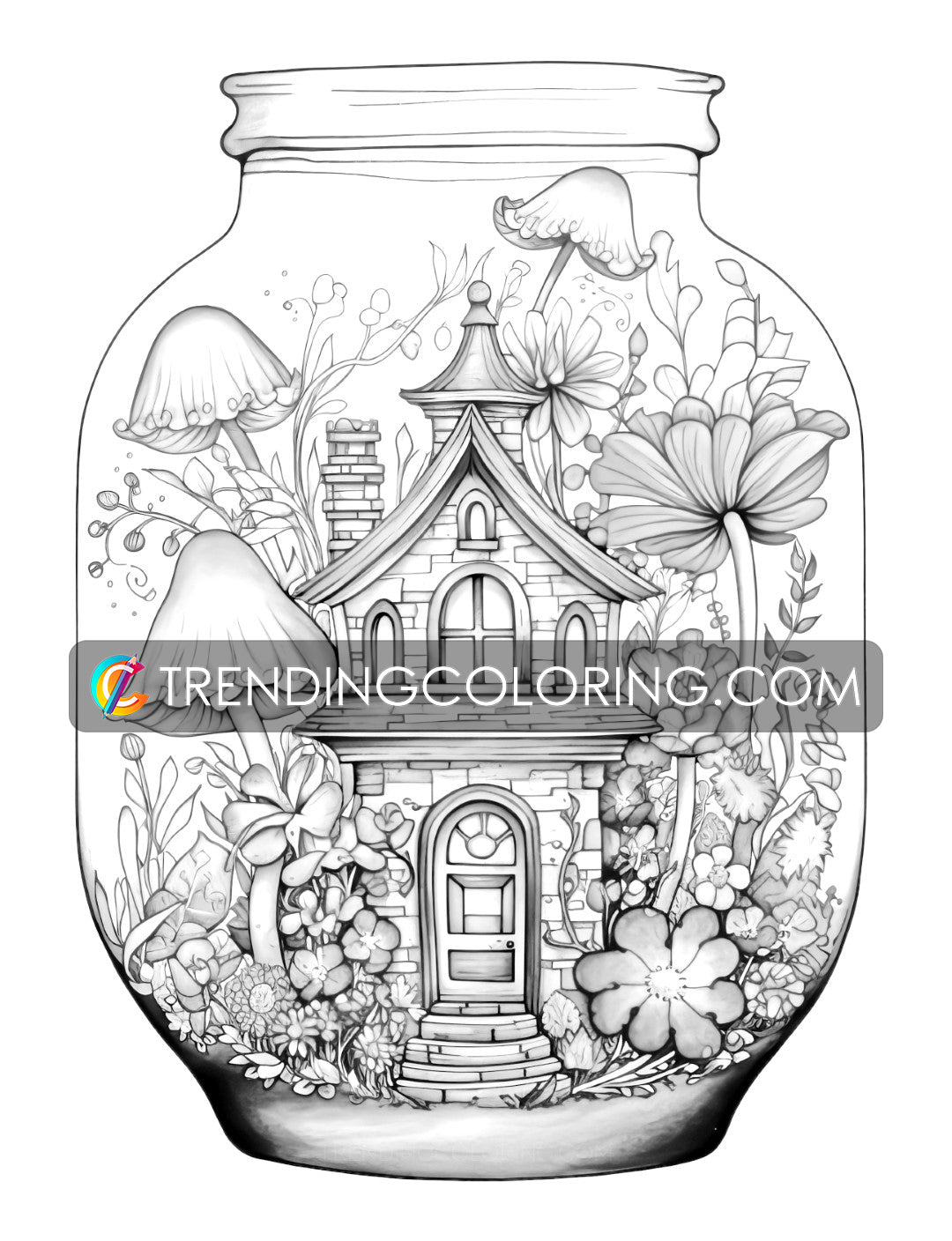Free In Jar Coloring Pages - Fairy House, Animal, Girl, Waterfall, Mushroom - Printable PDF