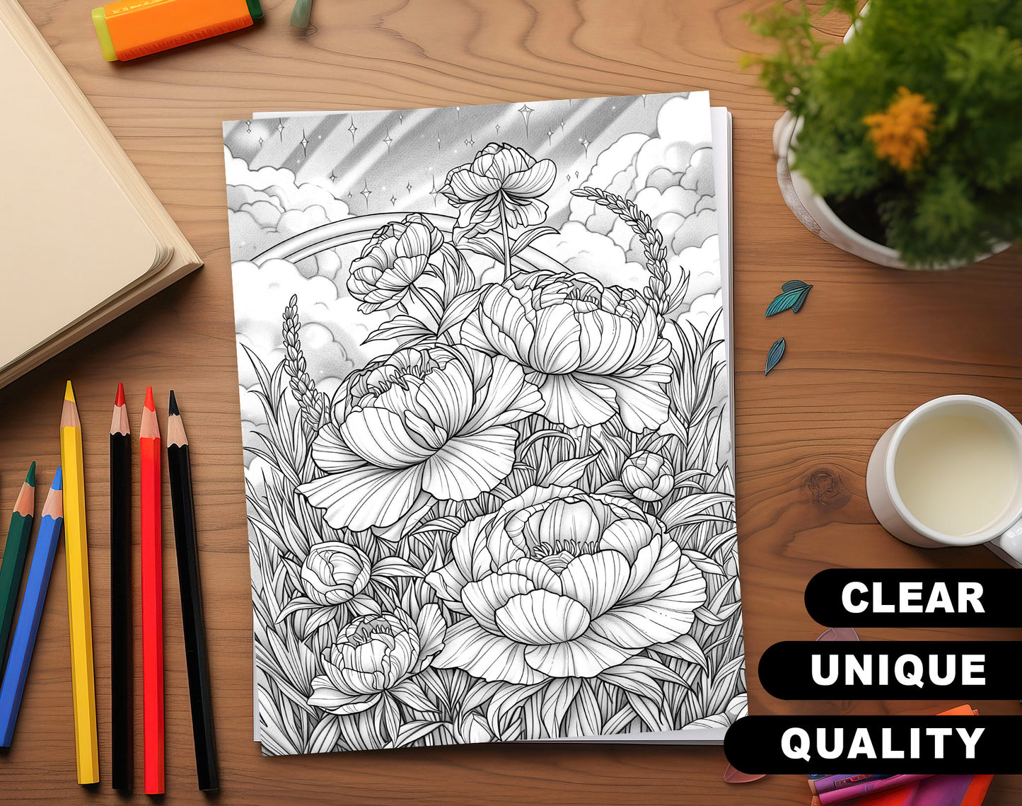 60 Fantasy Flowers Grayscale Coloring Pages - Instant Download - Printable PDF Dark/Light
